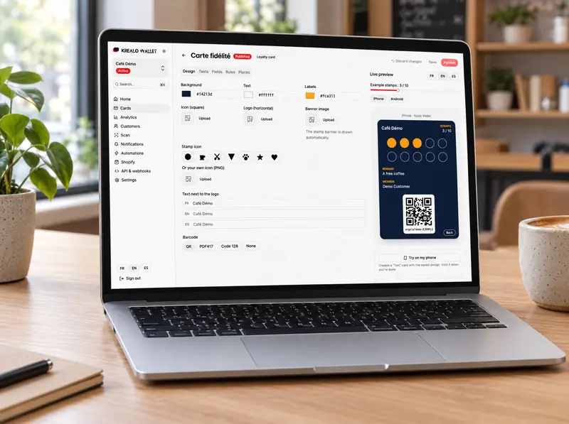 Ordinateur portable ouvert sur le concepteur de cartes de Krealo Wallet, avec l’aperçu iPhone en direct.