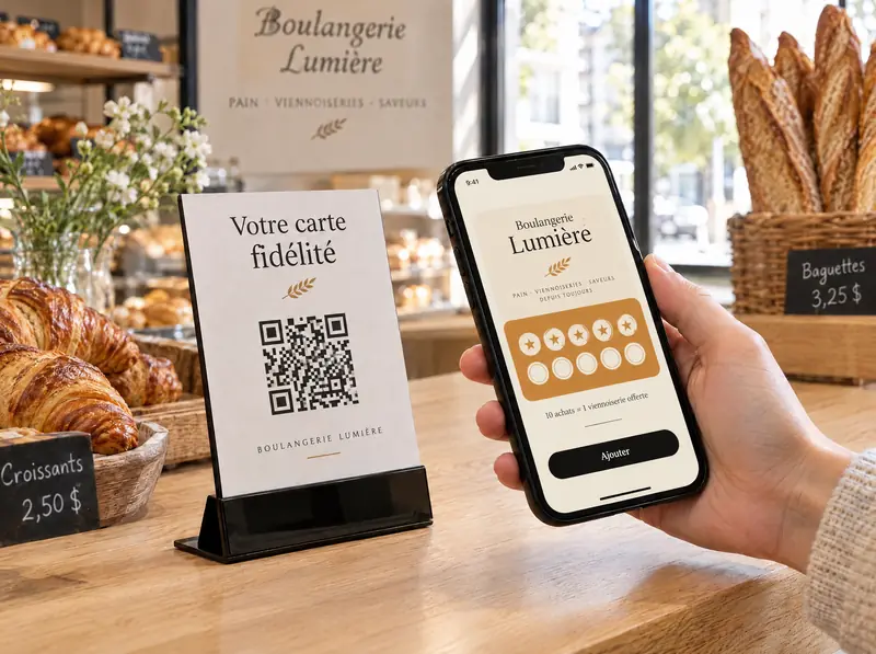 Au comptoir d’une boulangerie, une cliente scanne le QR « Votre carte fidélité » avec son téléphone.